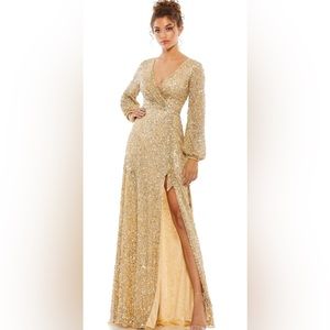 MAC DUGGAL, MULTI-COLORED SEQUIN SILVER GOWN